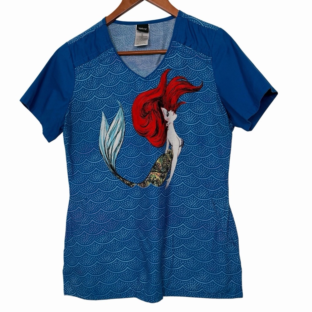 Disney Little Mermaid Ariel Scrub Top Women Small Blue Ocean Wave V Neck Nurse